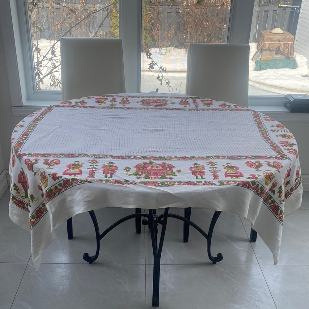 Linen Square VTG Dutch inspired Tablecloth w Red & Green Accents W 50” X L 64.5”